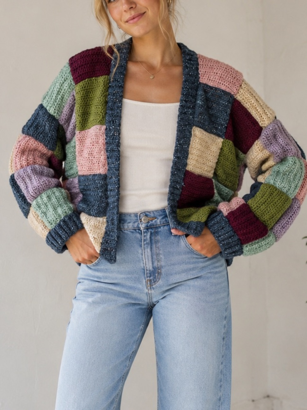 handmade crochet patchwork cardigan multicolor pastel cottagecore knit small